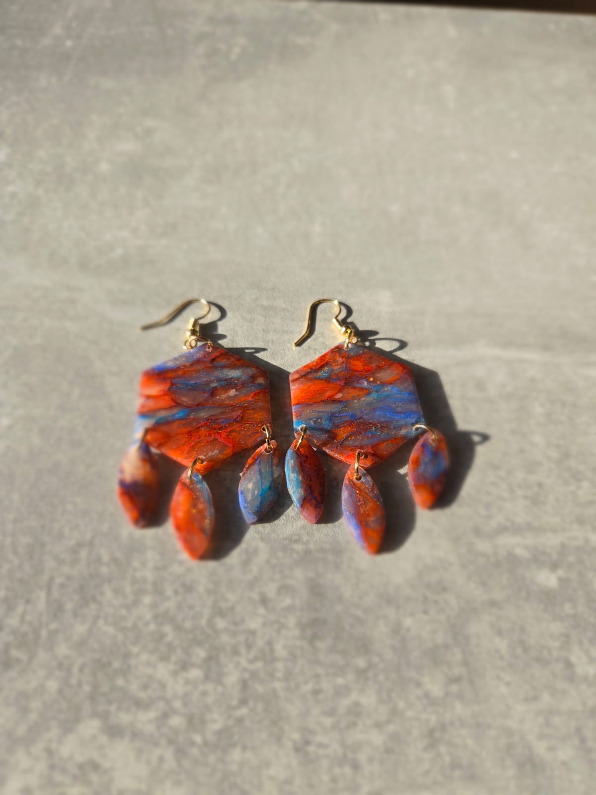 Earthy Marbled Hexagon Earrings with Dangle Leaves