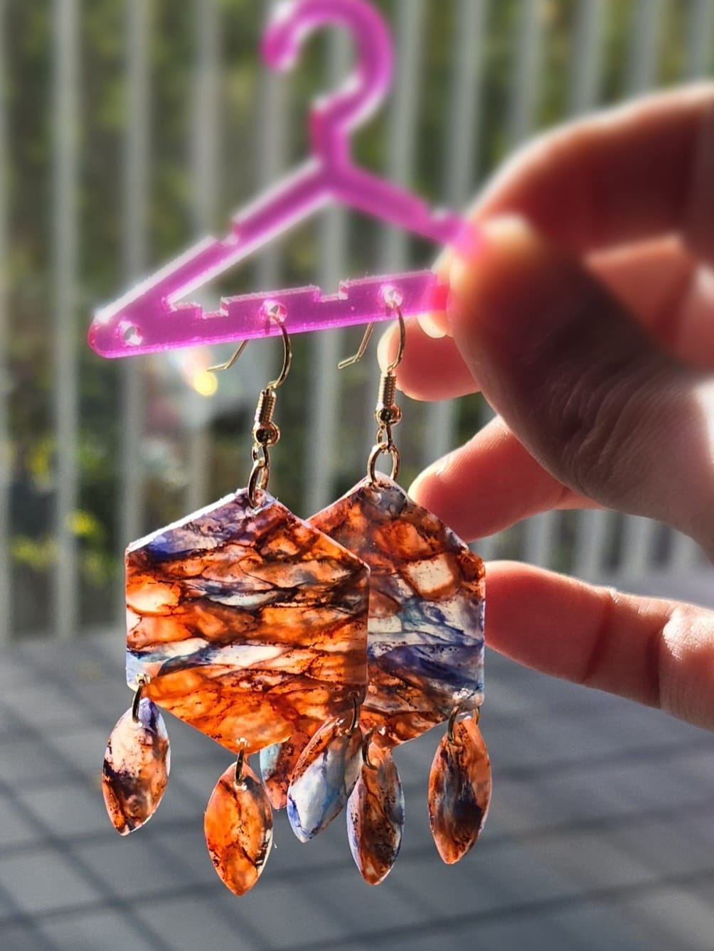 Earthy Marbled Hexagon Earrings with Dangle Leaves
