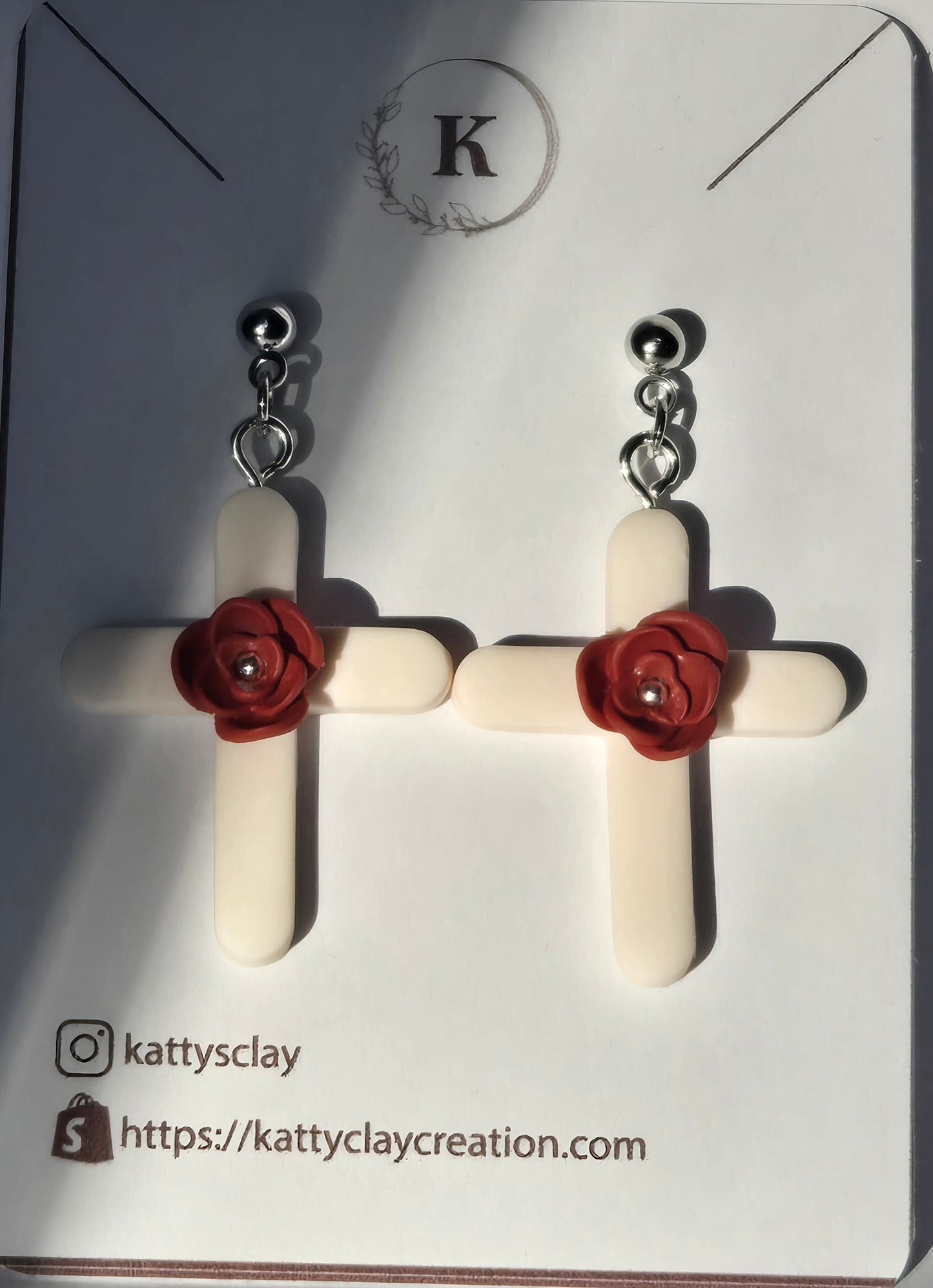 Elegant Cross & Rosette Polymer Clay Earrings